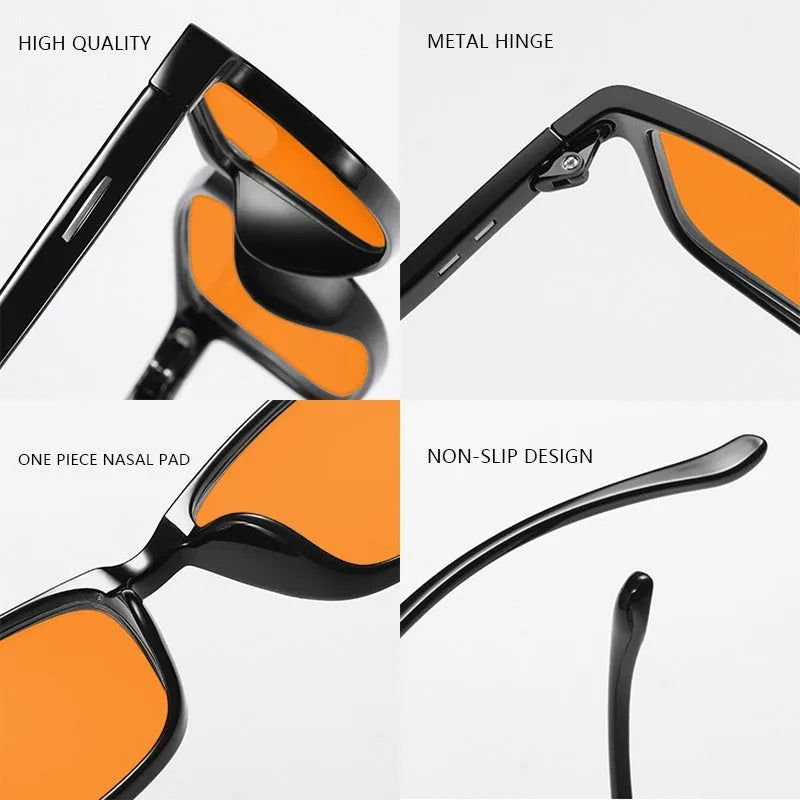 Anti-blue light glasses with orange lenses and full-rim frames in four colour options.