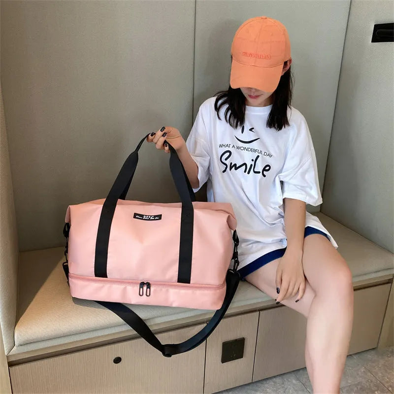 Women's large capacity travel duffle bag with separate shoes compartment, waterproof Oxford cloth, available in multiple colours