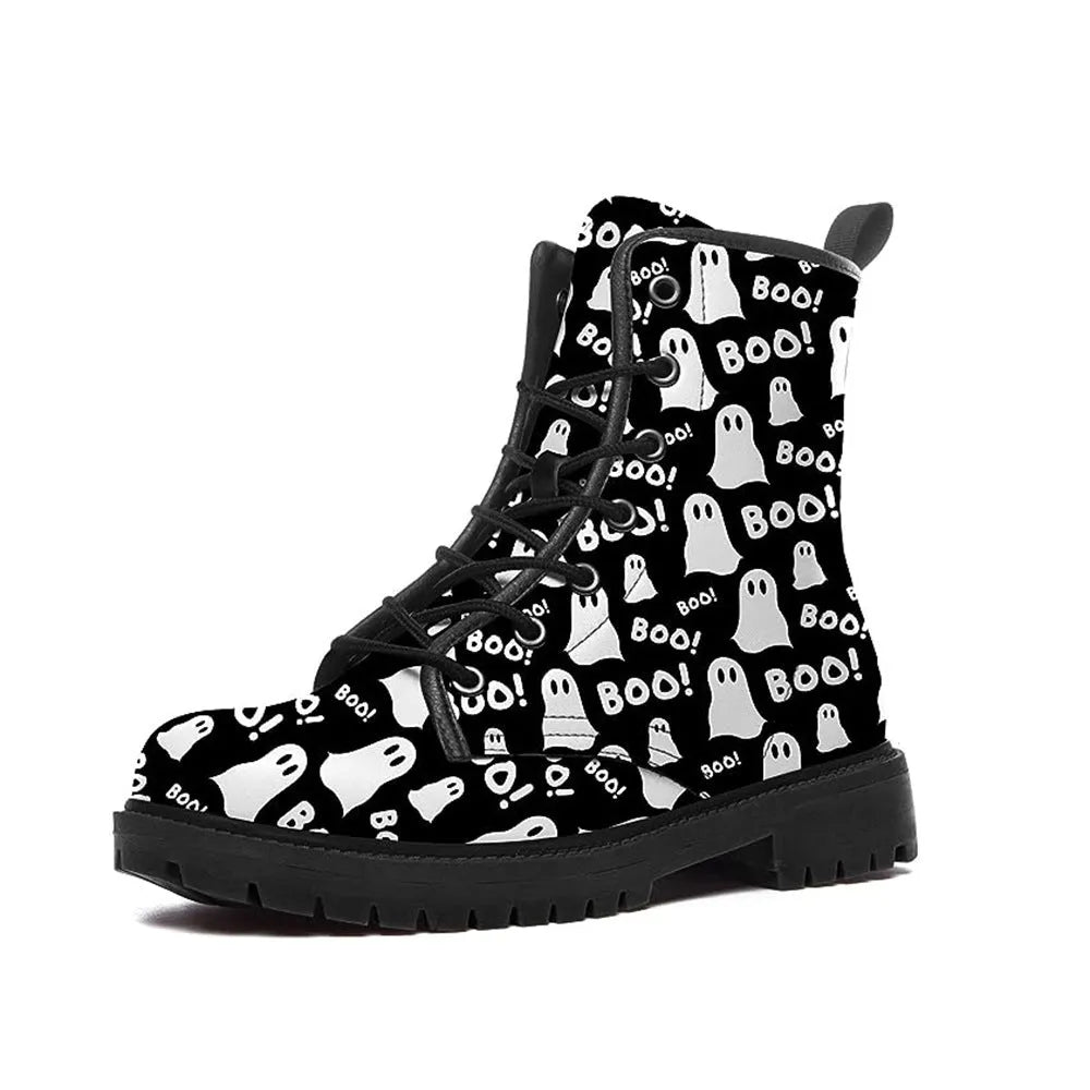 Women's Halloween cartoon printed boots in pumpkin 961 colour with square heel and front lace-up