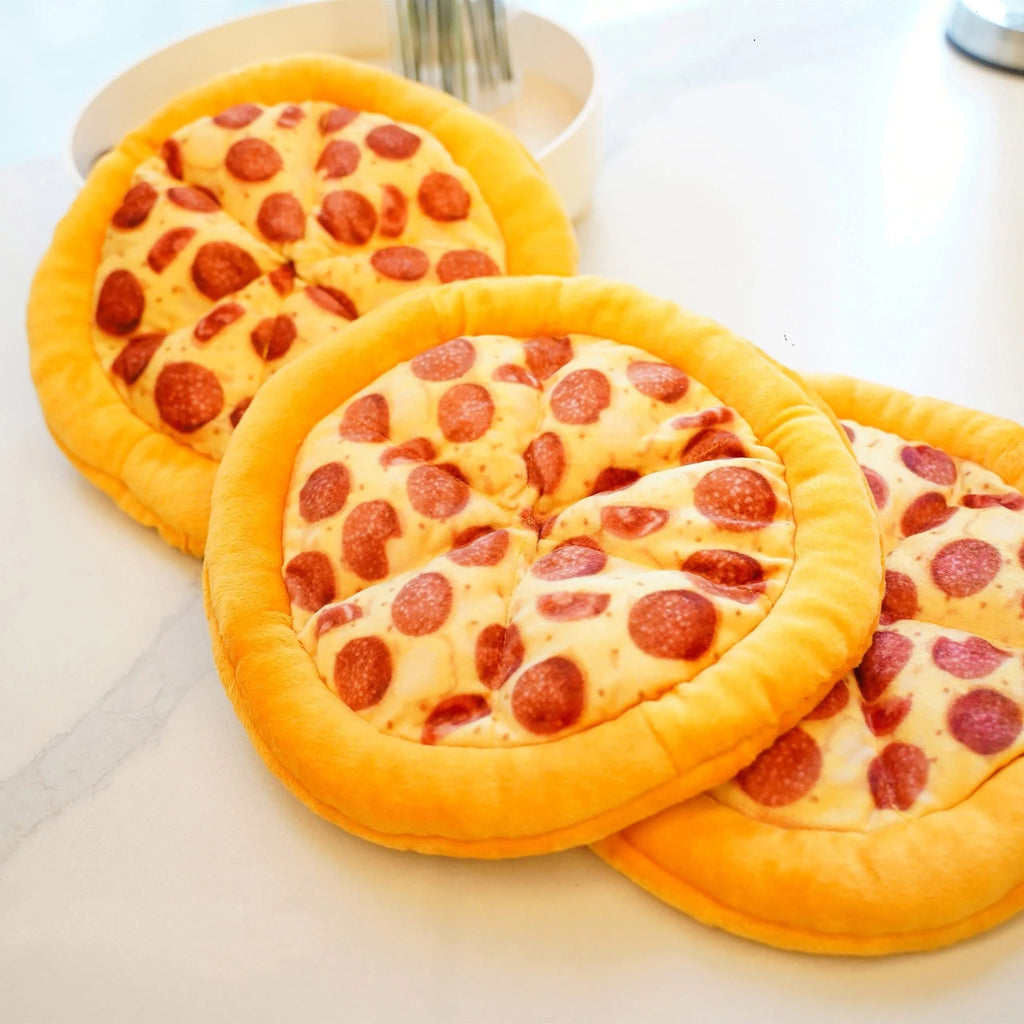 Yellow pizza-themed teddy dog chew toy with squeaker for interactive play and dental health