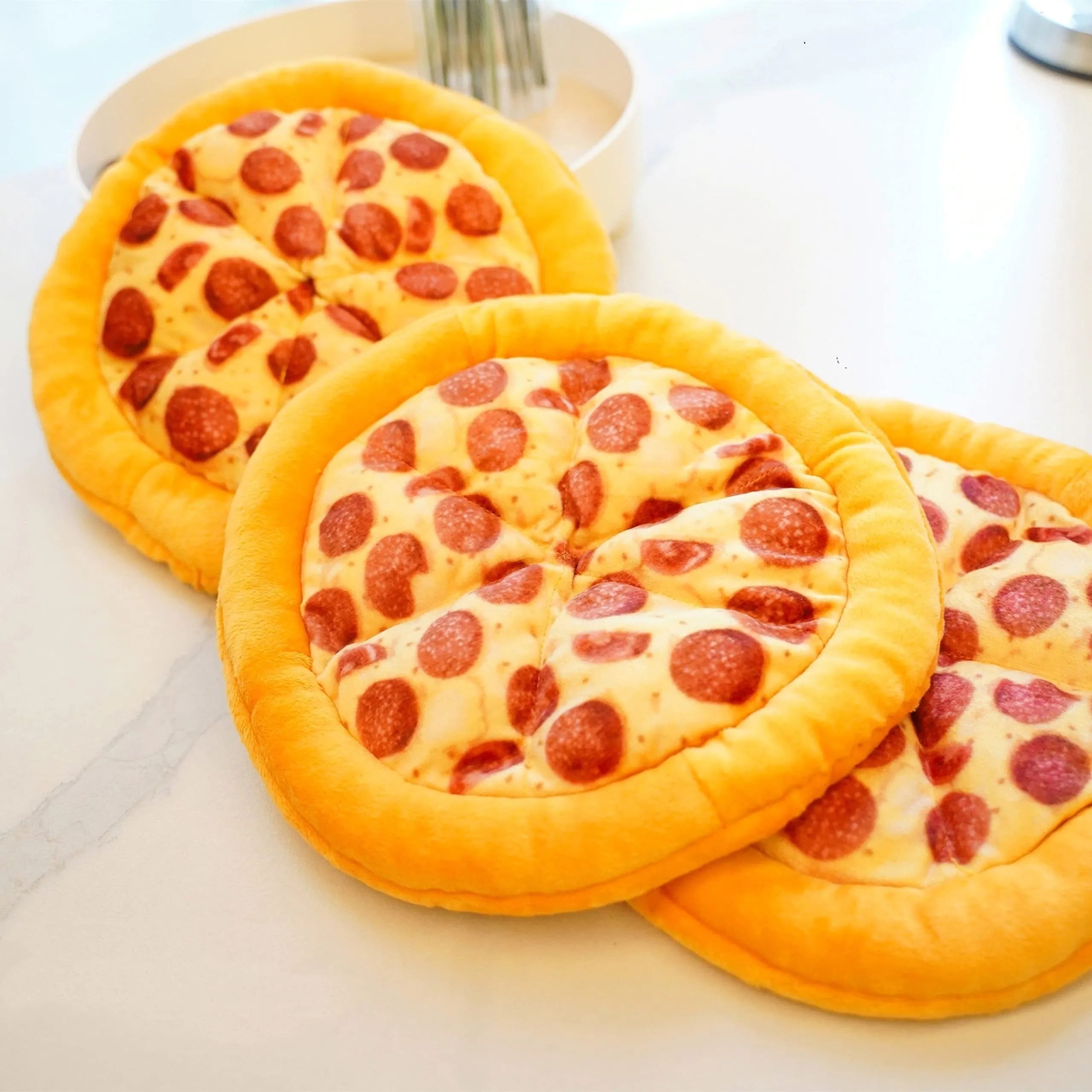 Yellow pizza-themed teddy dog chew toy with squeaker for interactive play and dental health