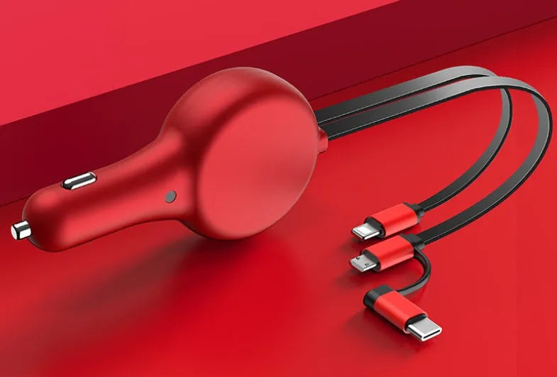 Black retractable car charger with two extended cables showing USB and Lightning connectors next to a car dashboard.