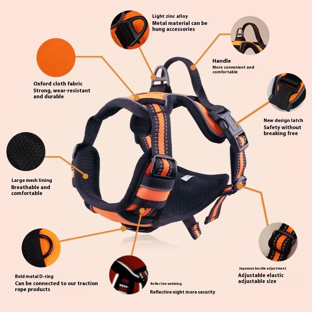Adjustable dog chest harness in Oxford cloth, shown in multiple colours including red, blue, and black.