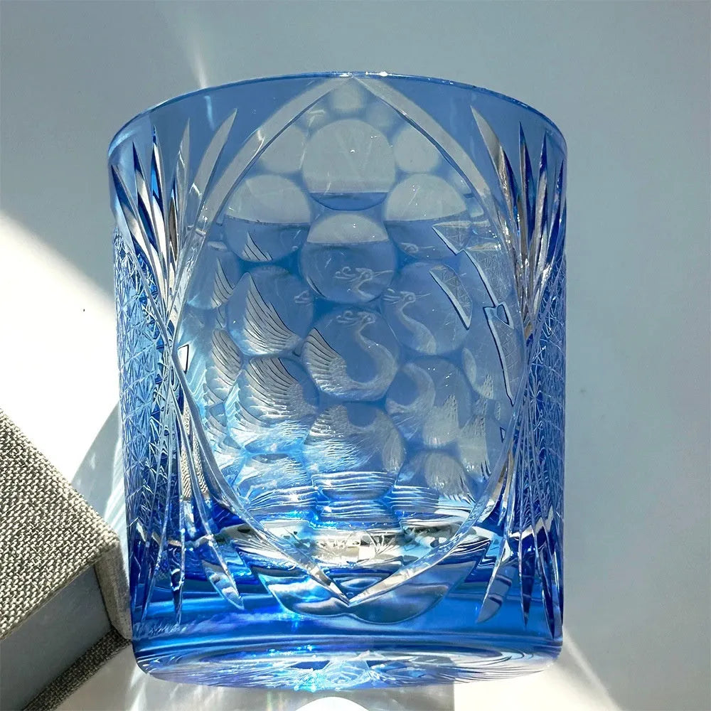 Sky blue hand carved crystal glass whiskey shot glass, 90 x 100mm, 301-400ml capacity, simple modern style