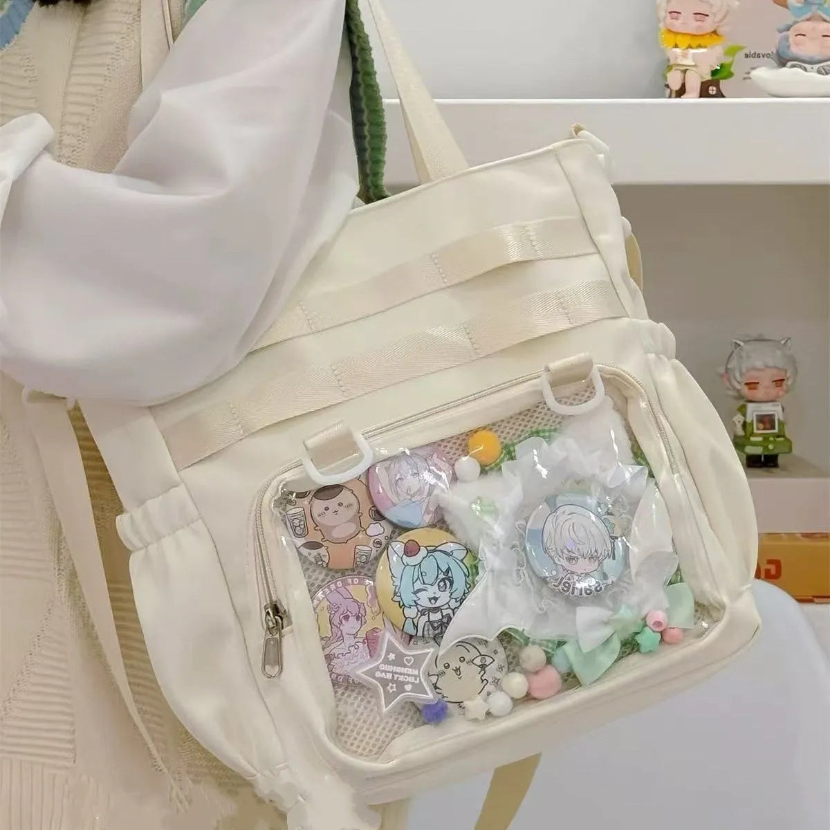 Large capacity Oxford cloth tote bag for women in light blue with sandwich pocket and shoulder strap