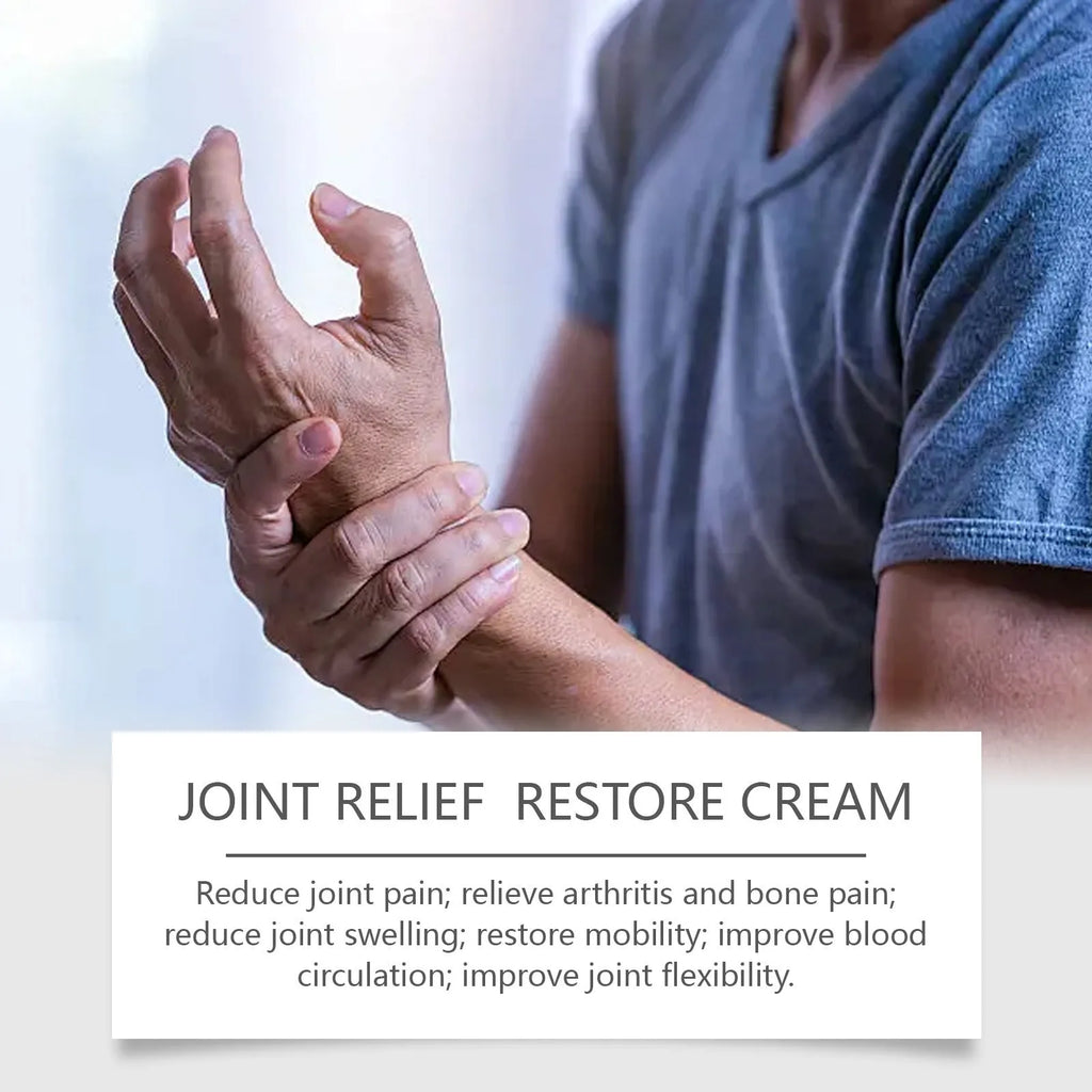 60g Joint Relief Restore Cream jar with mint leaves, bee venom, and acetyl hexapeptide-8 for aching joint relief
