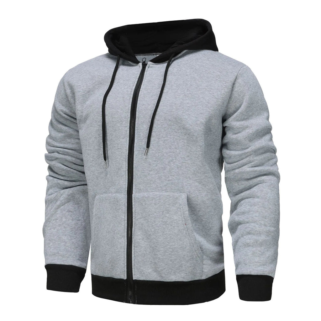 Men's black zip-up hoodie cardigan with a light grey hood on a hanger.
