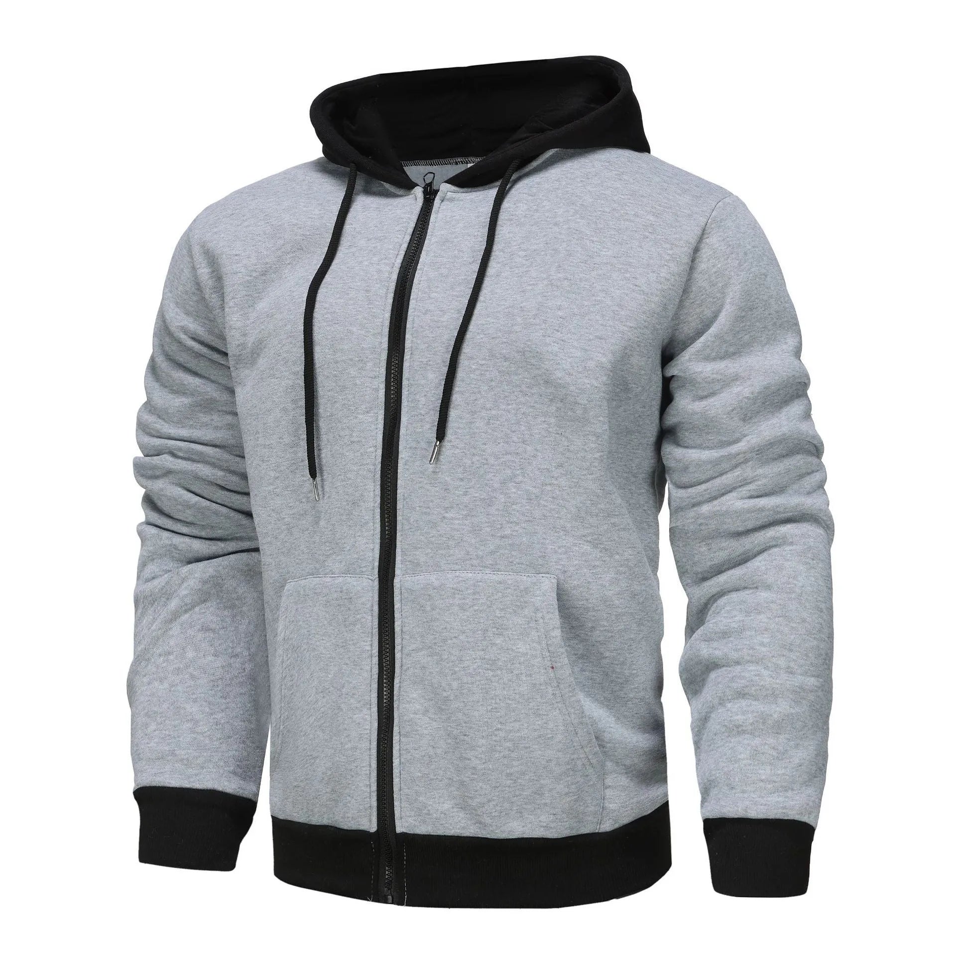 Men's black zip-up hoodie cardigan with a light grey hood on a hanger.