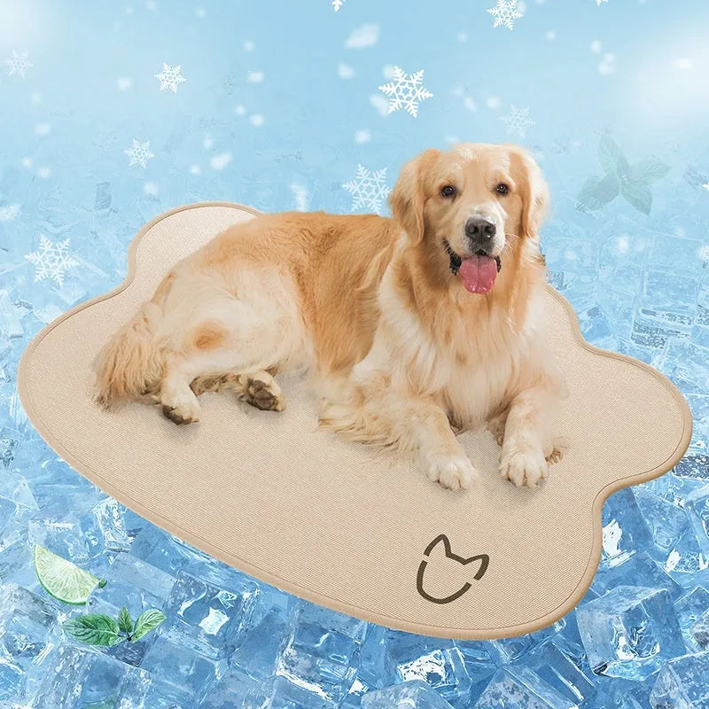 Dog head shaped ice silk pet cooling mat on a floor in light grey colour