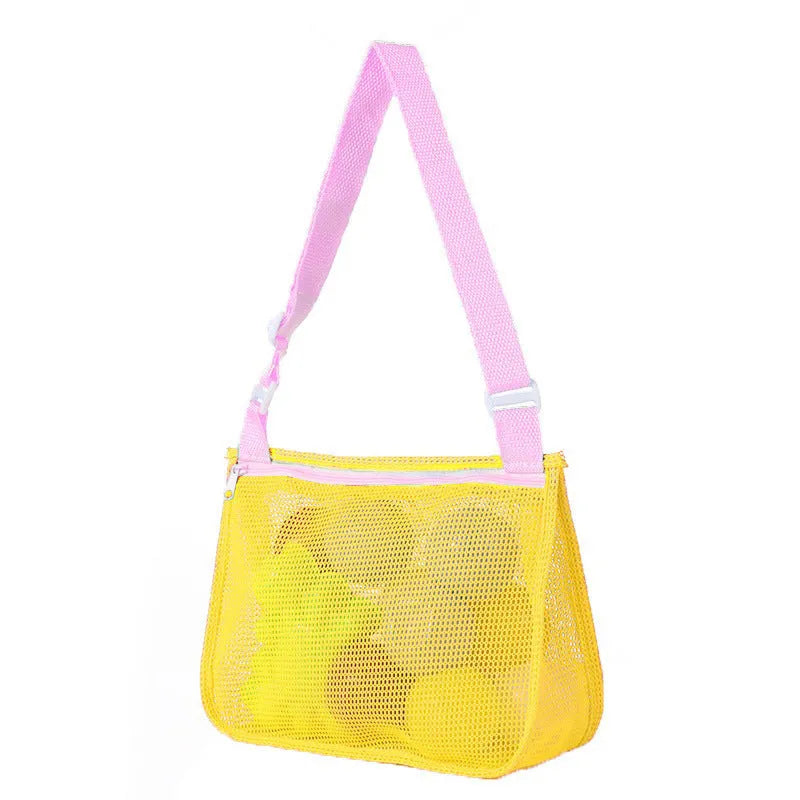 Blue nylon mesh travel storage bag with zip closure for children's toys and clothes