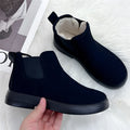 Women's flat bottom suede ankle boots in black, round toe, casual style
