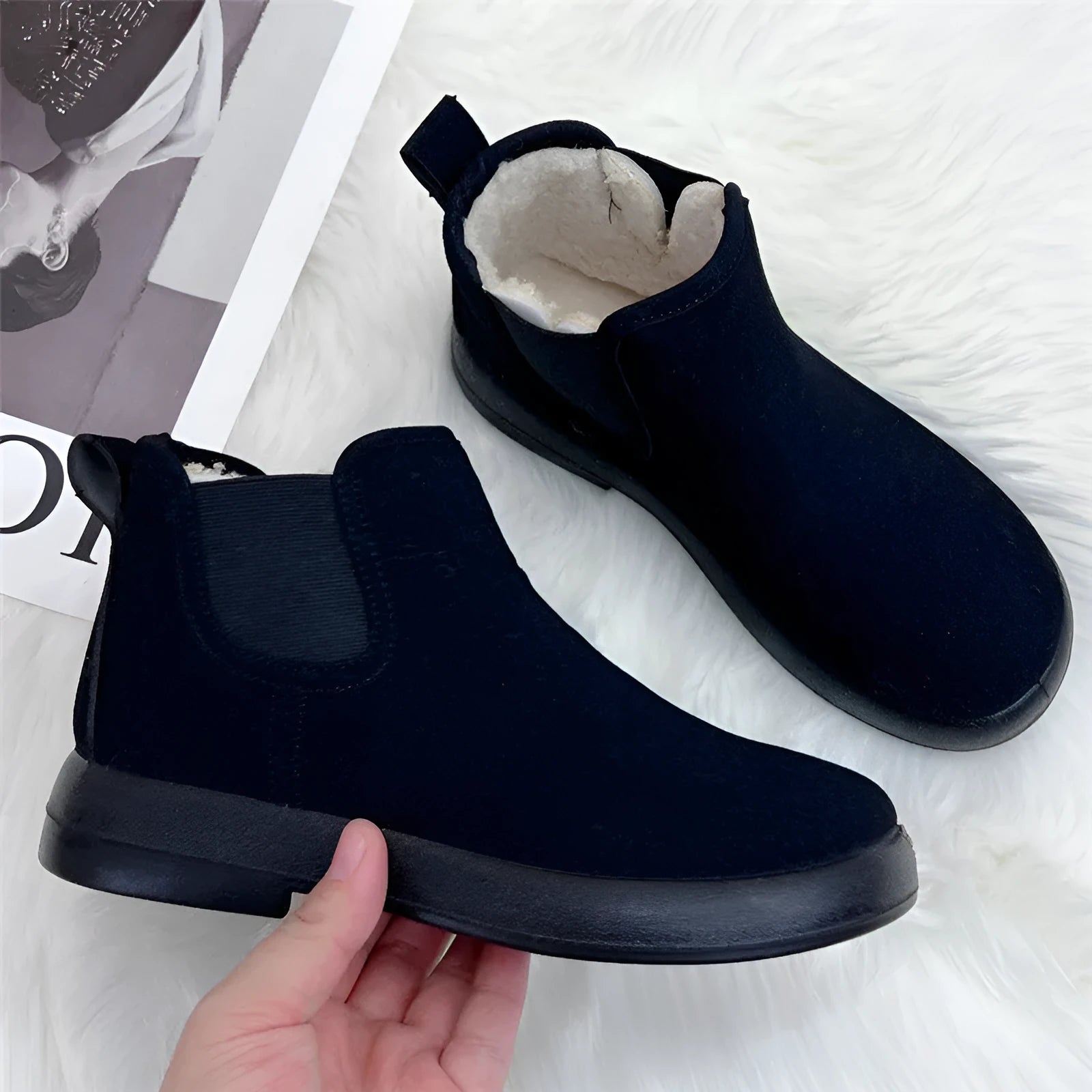 Women's flat bottom suede ankle boots in black, round toe, casual style