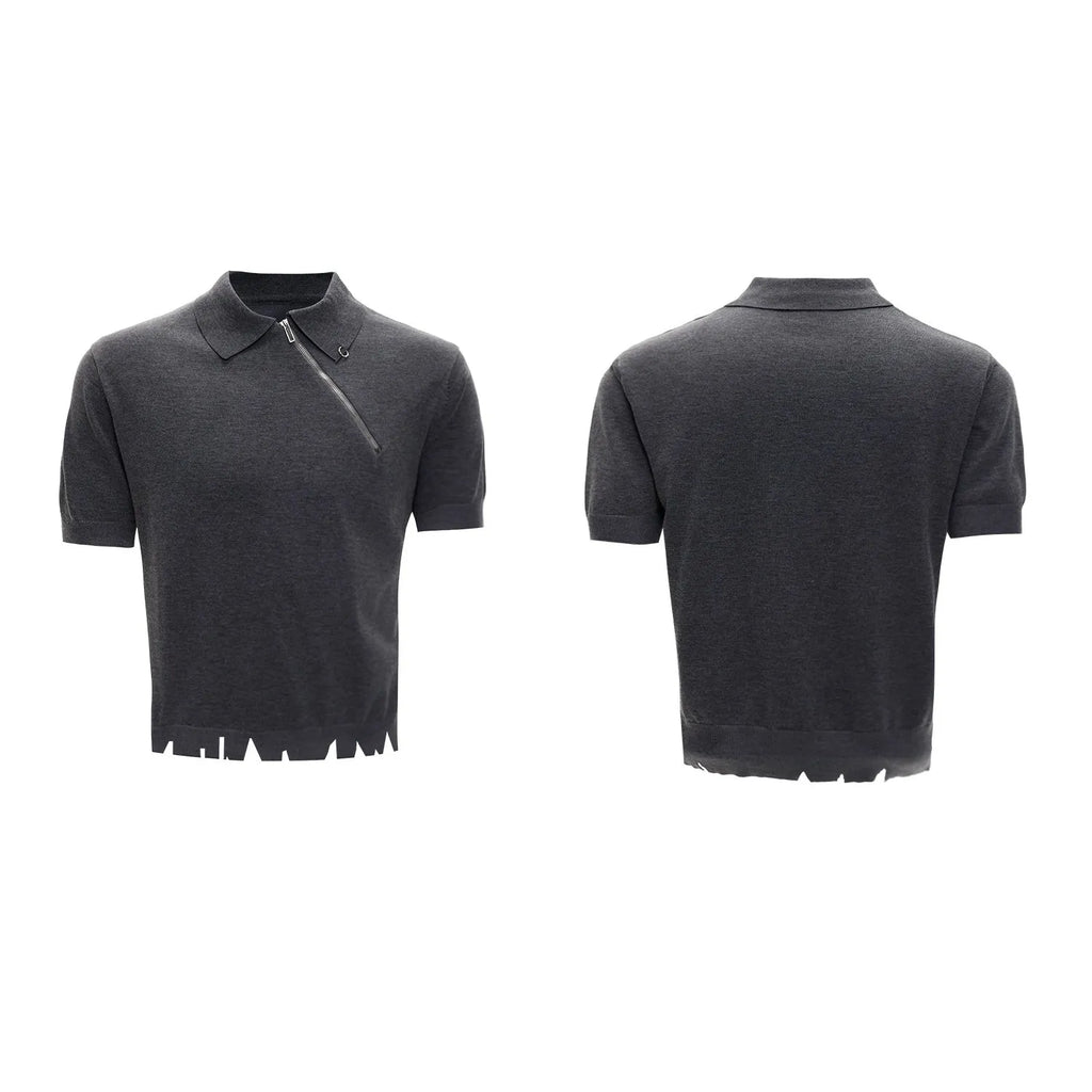 Ice-feel slim fit knitted polo shirt with oblique zipper collar in black, grey or white