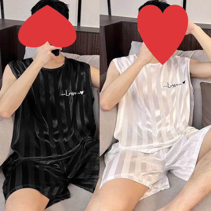 Men's ice silk vest and shorts summer pajama set in black, sleeveless with embroidery, on a plain background.
