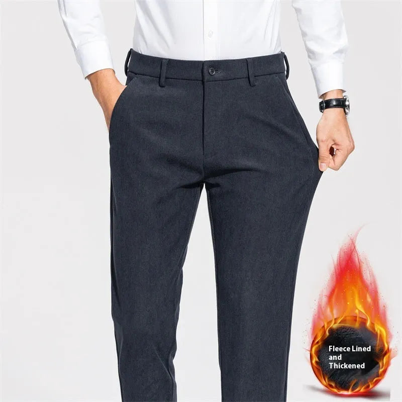 Men's fleece-lined thickened casual trousers, mid waist, zipper fly, black or navy blue, sizes 29-40