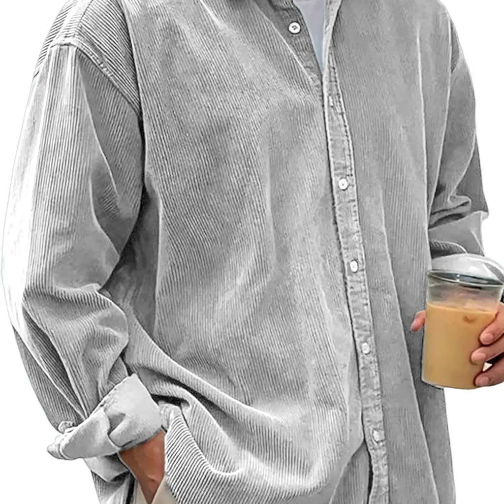 Men's casual loose fit corduroy shirt jacket in solid colour, polyester cardigan style for autumn winter