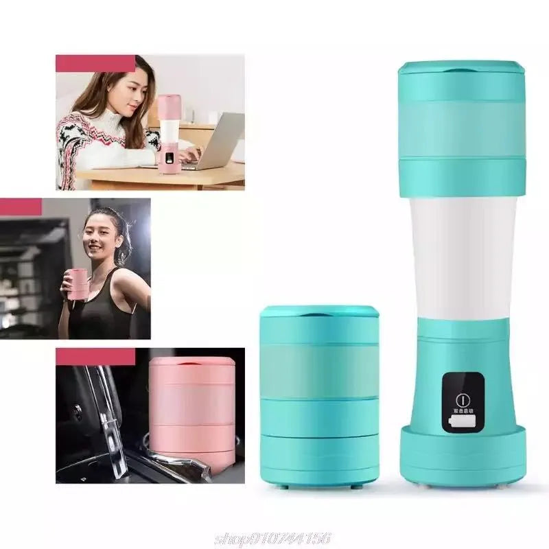 Blue portable USB rechargeable blender with 450ml cup and stainless steel blades.