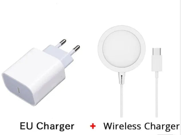 Silver metal Magsafe-compatible magnetic wireless charger for iPhone, shown next to a mobile phone.