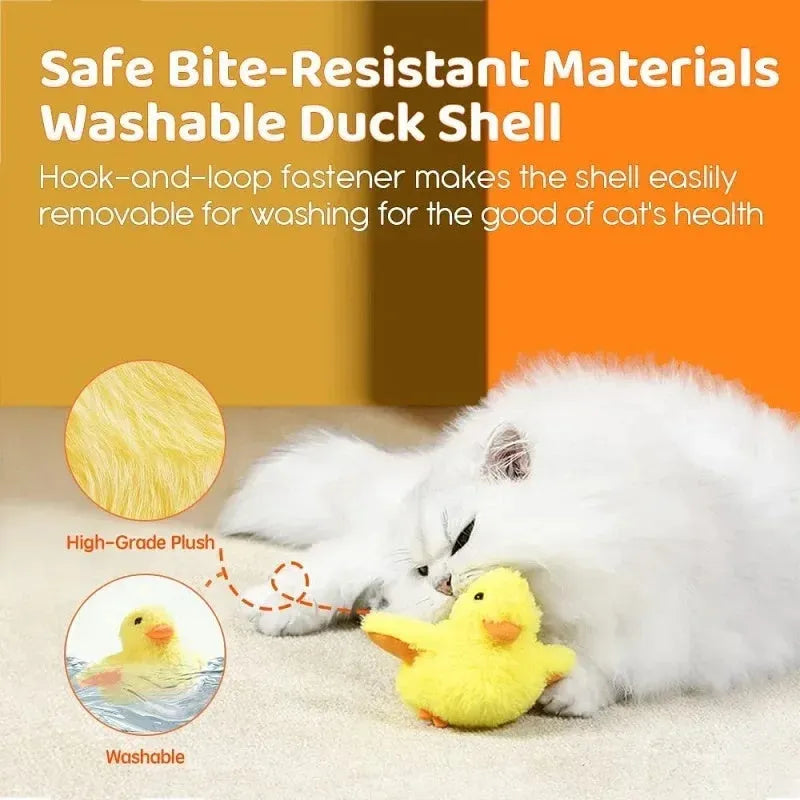 Yellow polyester flapping duck cat toy with electric movement and vibration sensor
