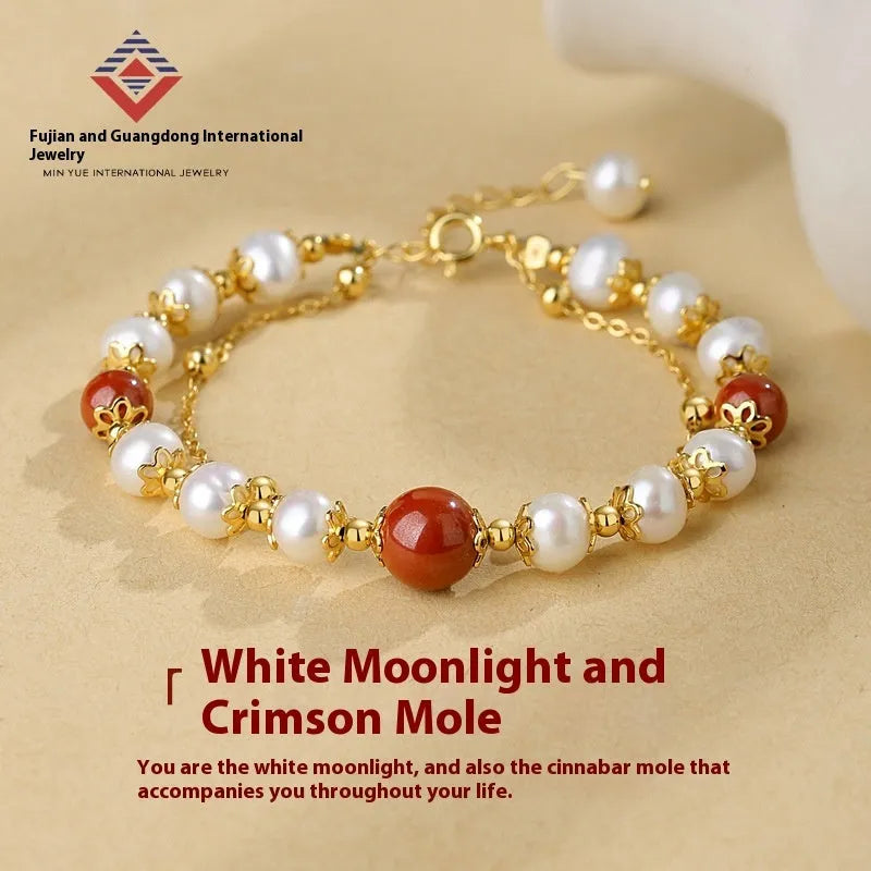 Women's sterling silver double-layer bracelet with freshwater pearls and cinnabar red beans