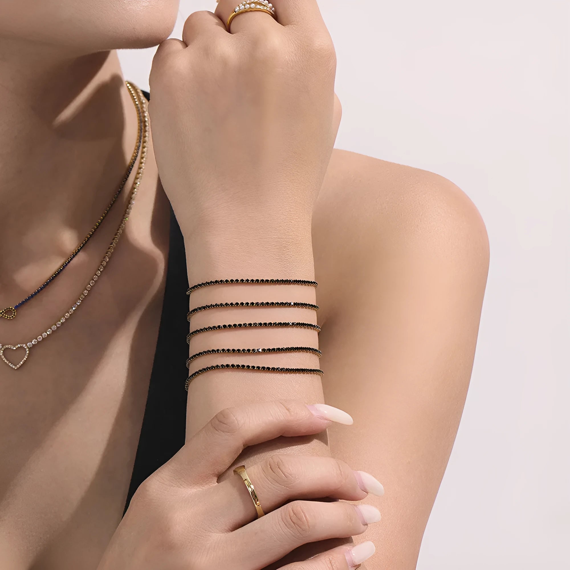 Super Full-Diamond Fine Ring Bracelet in titanium steel with white zircon accents, 16cm length, geometric design