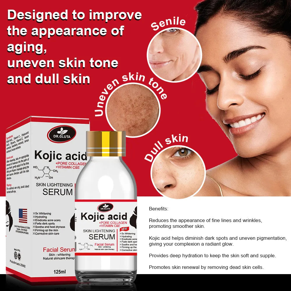 125ml kojic acid serum bottle for uneven skin tone and dull skin, natural skin care face serum
