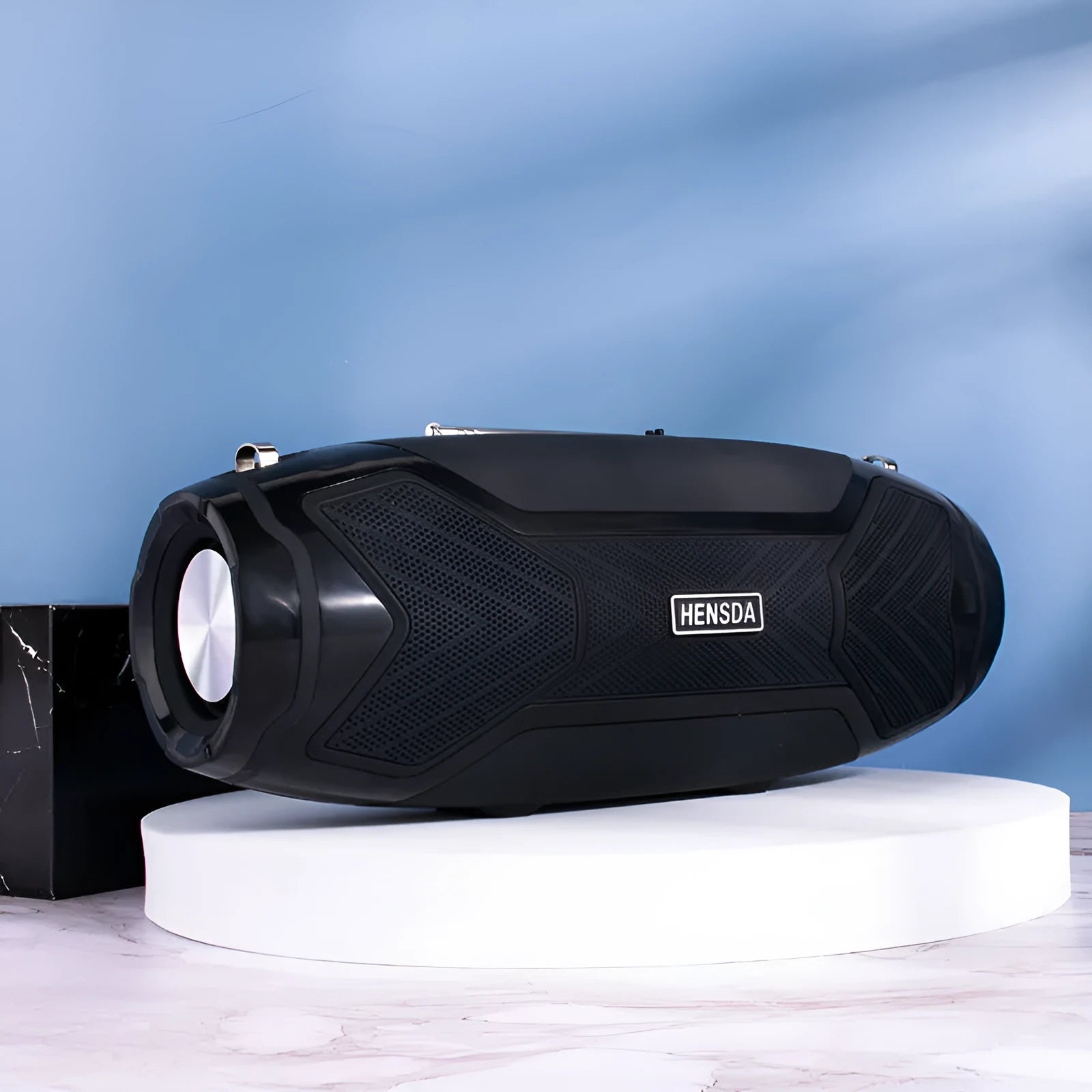 Small portable Bluetooth speaker in choice of five colours with buttons for control and a USB port.