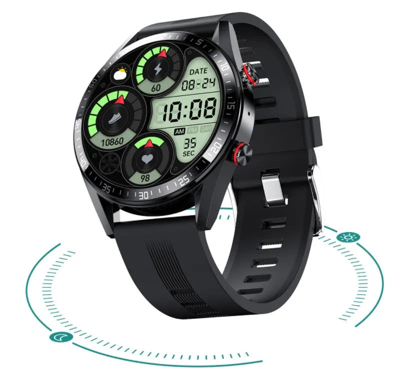 Smart watch with 1.39-inch HD screen, leather strap, heart rate and blood pressure sensors, 30-metre waterproof rating