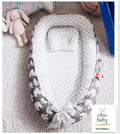 Foldable cotton baby travel crib with removable cover in grey and pink star pattern for infants