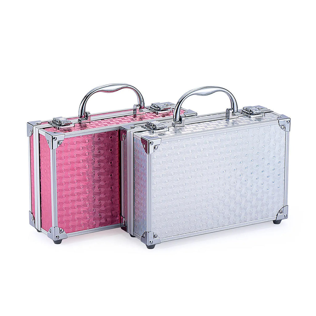 Creative colourful cosmetics set in Pink or Silver, 25 x 16 x 8.5 cm, with lipstick, eye shadow, mascara and brush