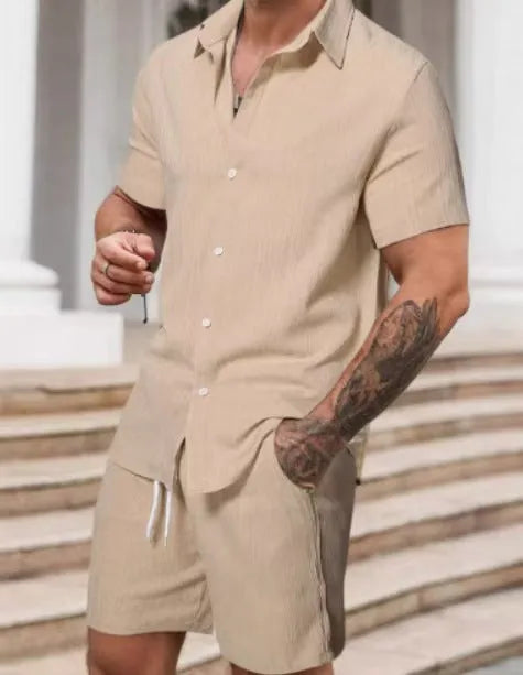 Striped printed men's casual suit set with short sleeve shirt and shorts in colour YT50313P1