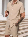 Striped printed men's casual suit set with short sleeve shirt and shorts in colour YT50313P1