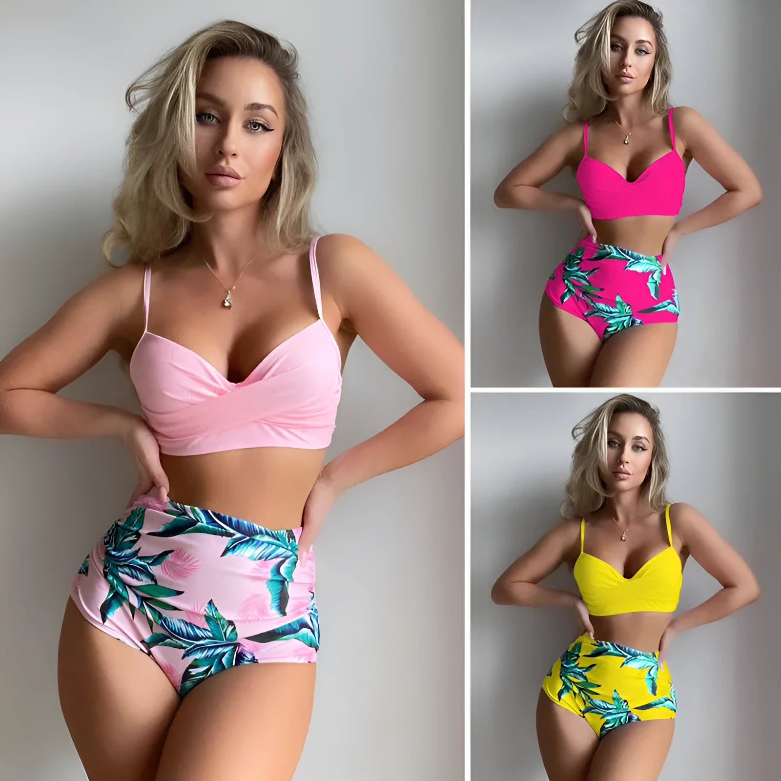 Women's steel bracket push up high waist bikini set in floral pattern with split style shorts