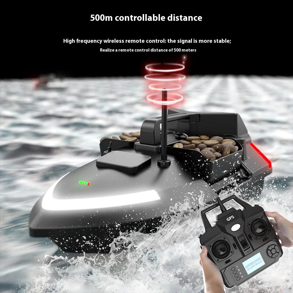 V020 GPS remote control fishing boat in luminous yellow on water, showing remote control with display.