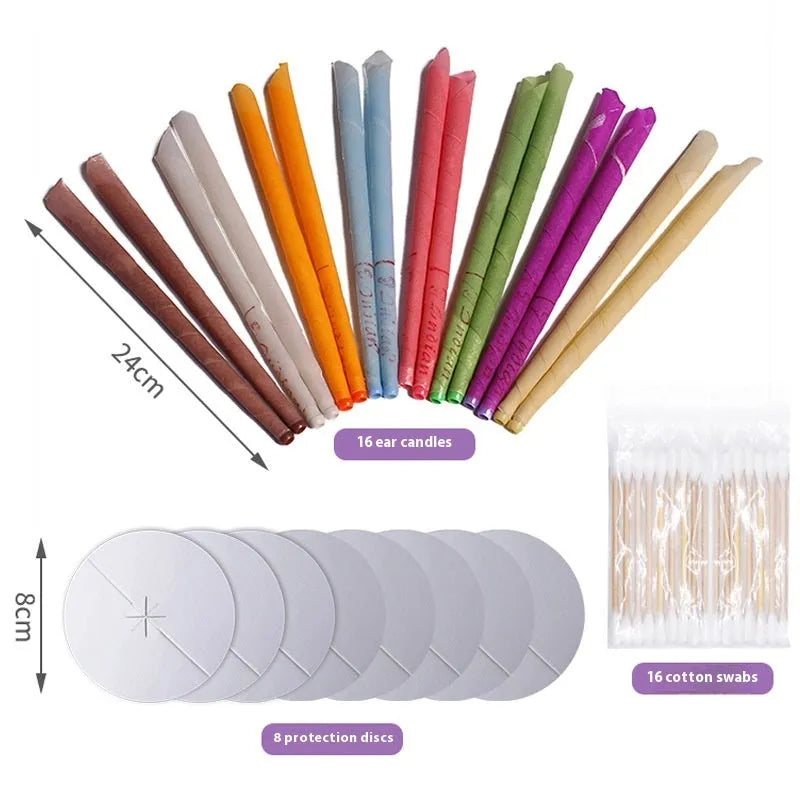 Ear candle health massage set showing 16 candles, 8 protection boards, and 16 cotton swabs in 8 different colours