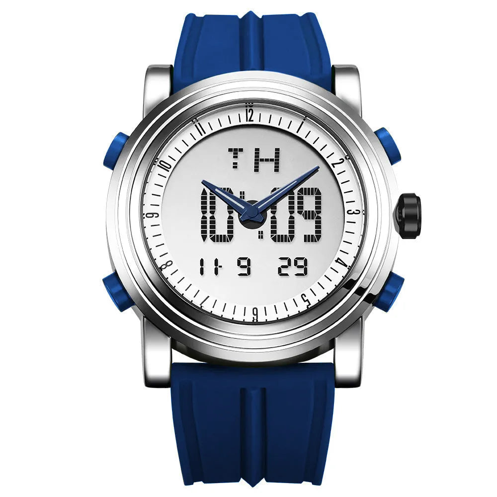Double display luminous electronic watch with 47mm mineral glass and analogue digital dial