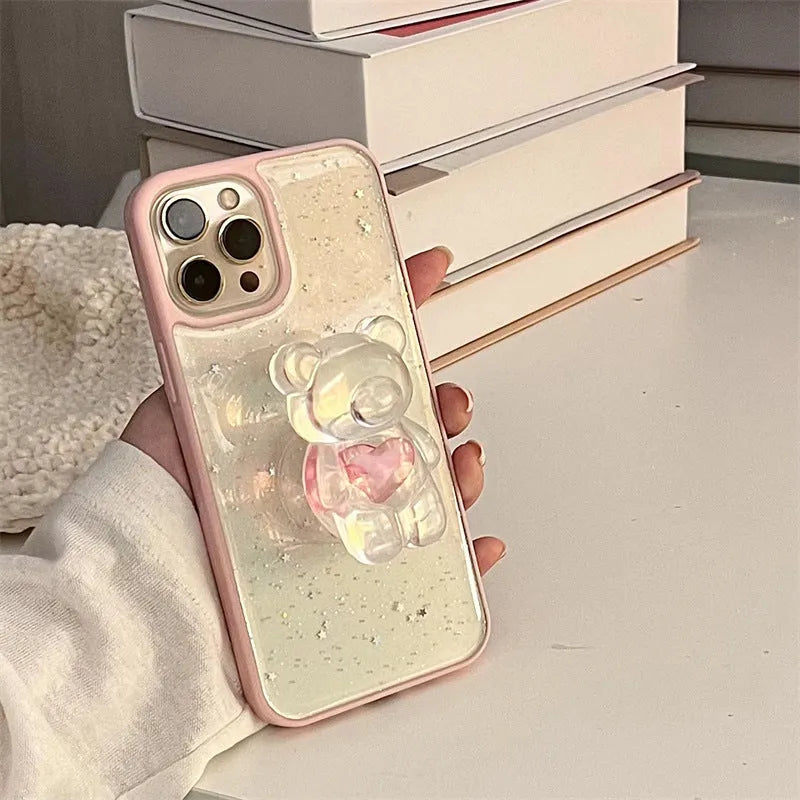 Simple Bear Bracket Silicone Phone Case in white with epoxy pink edge stars and love bear bracket, compatible with iPhone models