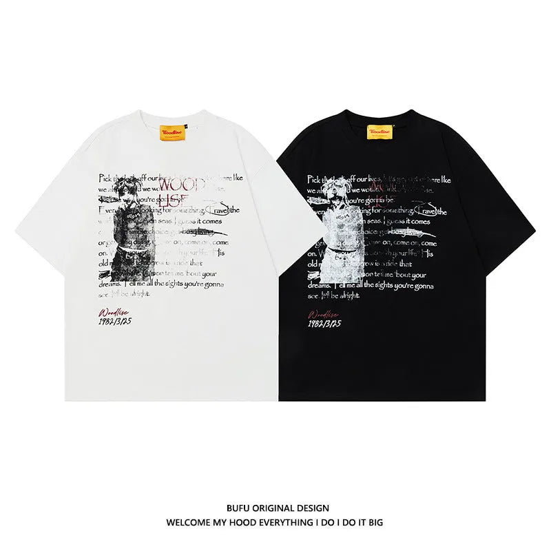 Men's black hip hop style loose fit t-shirt with printed letter design on pure cotton fabric