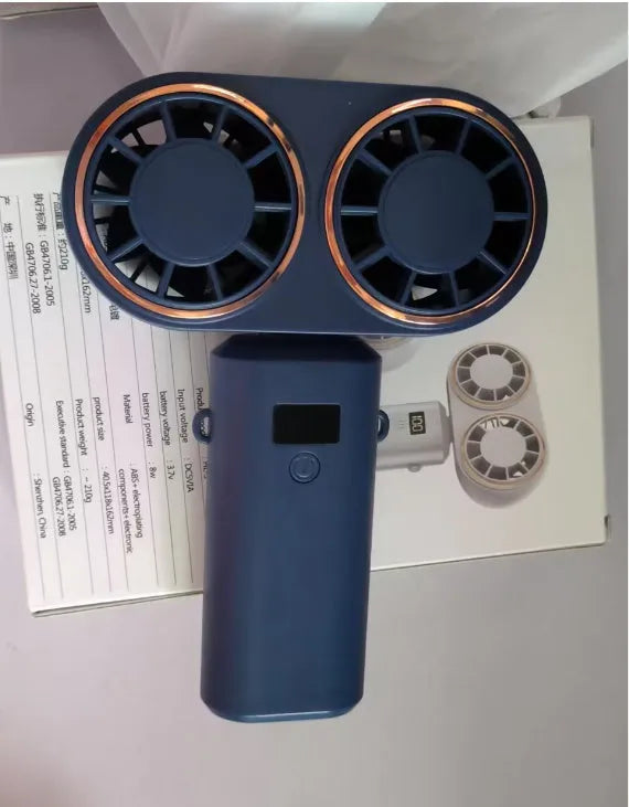 Foldable handheld USB fan with digital display, shown in milky white, unfolded for use.