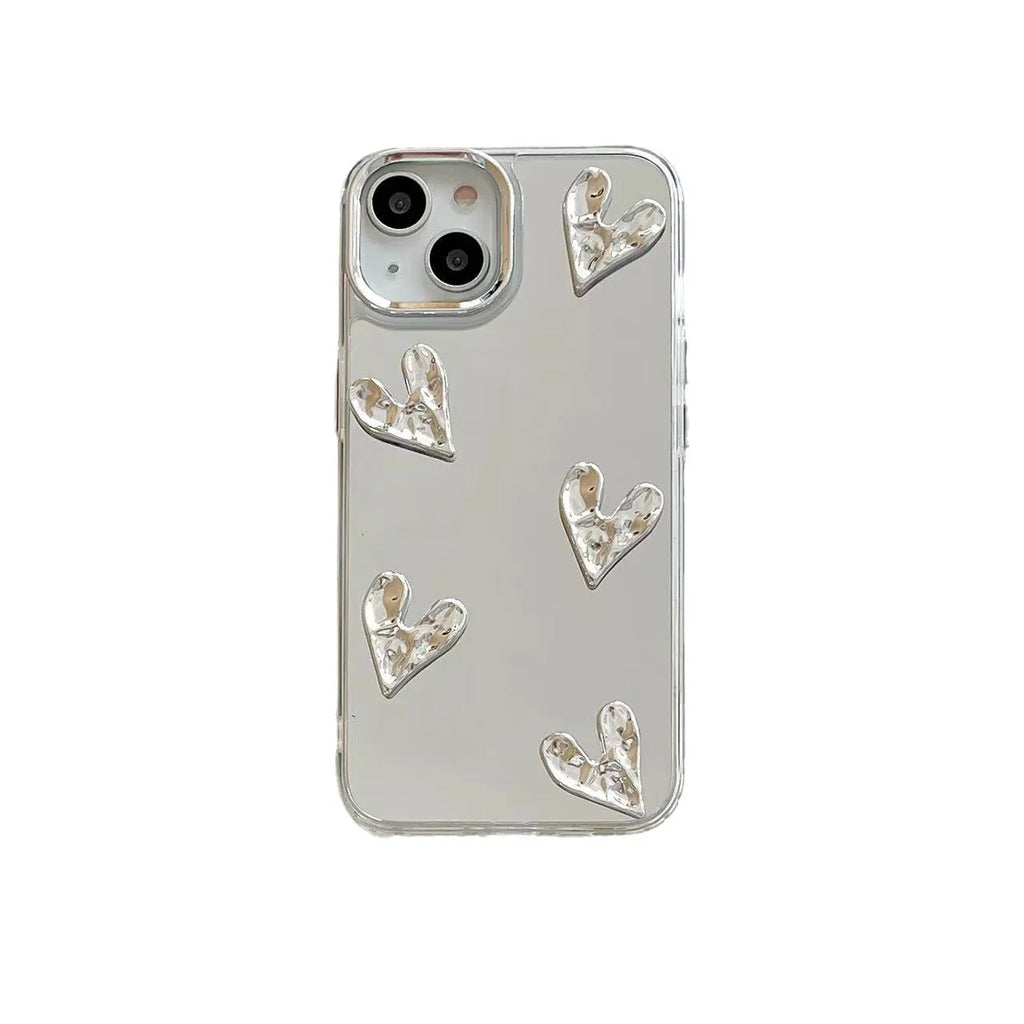 White electroplated mirror phone case for iPhone 14 Pro Max with three-dimensional love pattern and soft TPU construction