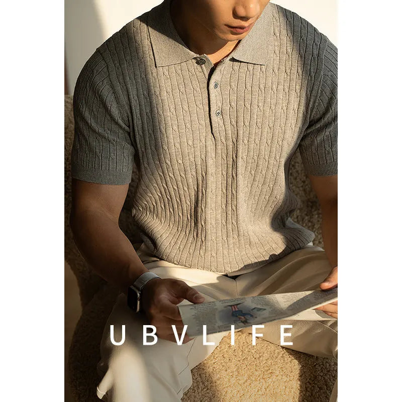 Men's khaki short sleeve business commute top made from polyester nylon acrylic wool blend