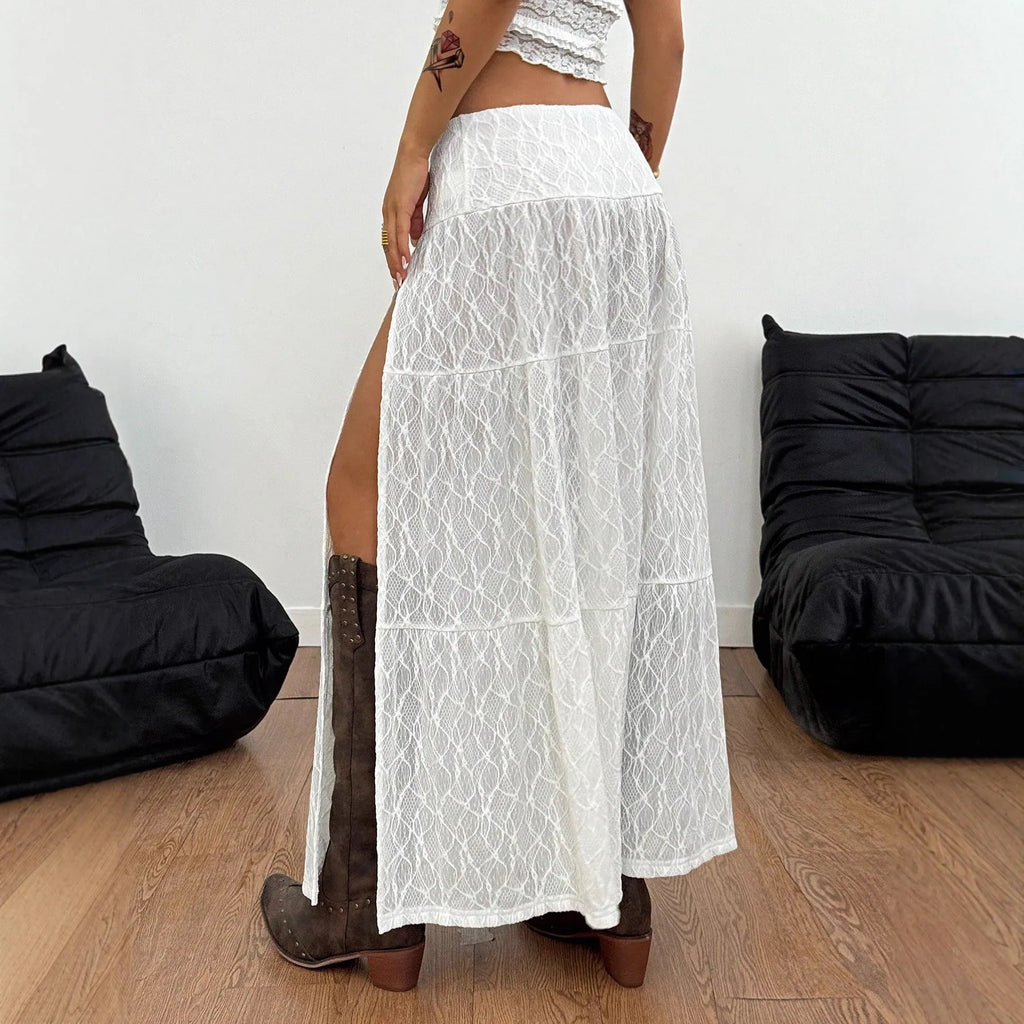 White women's A-line midi skirt with lace and see-through side seam detail in jacquard fabric