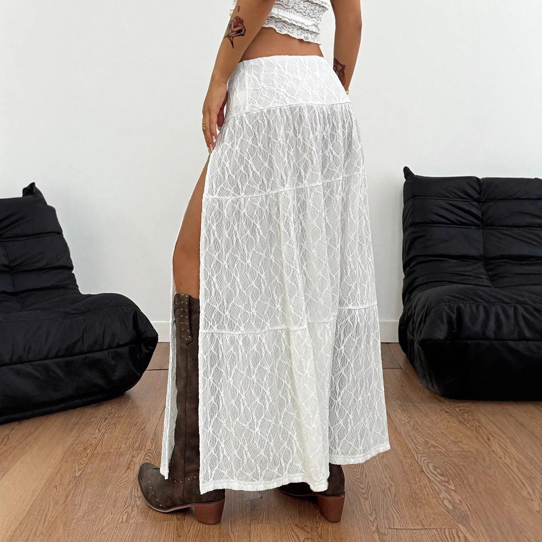 White women's A-line midi skirt with lace and see-through side seam detail in jacquard fabric