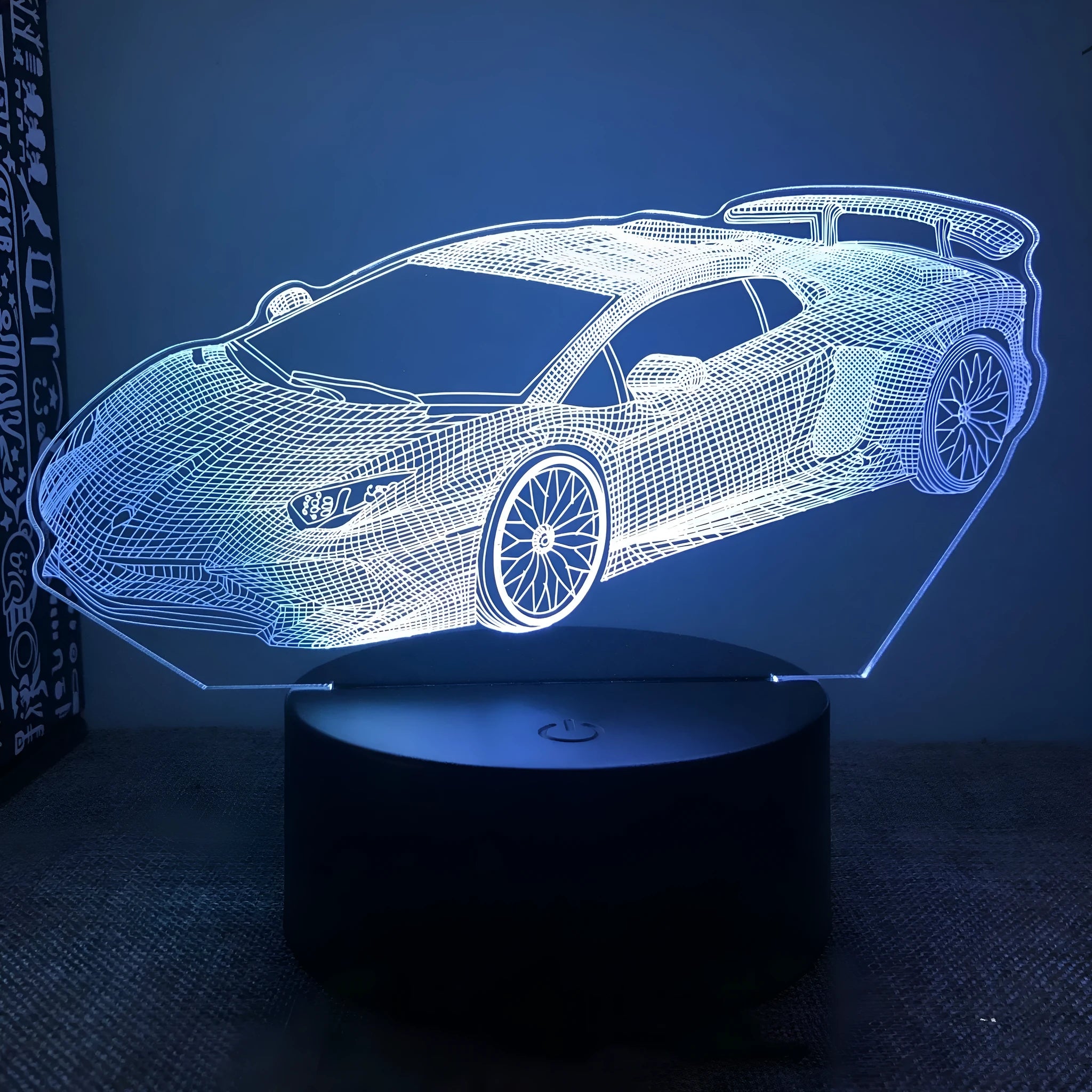 Car-shaped USB bedside lamp with remote control showing 16 colour lighting options