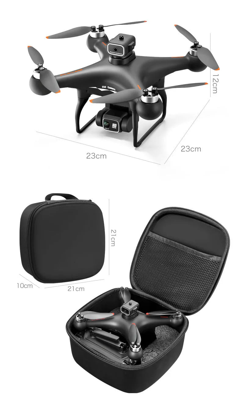 Black HD brushless UAV quadcopter with four-side obstacle avoidance and dual camera, under 30cm in size.