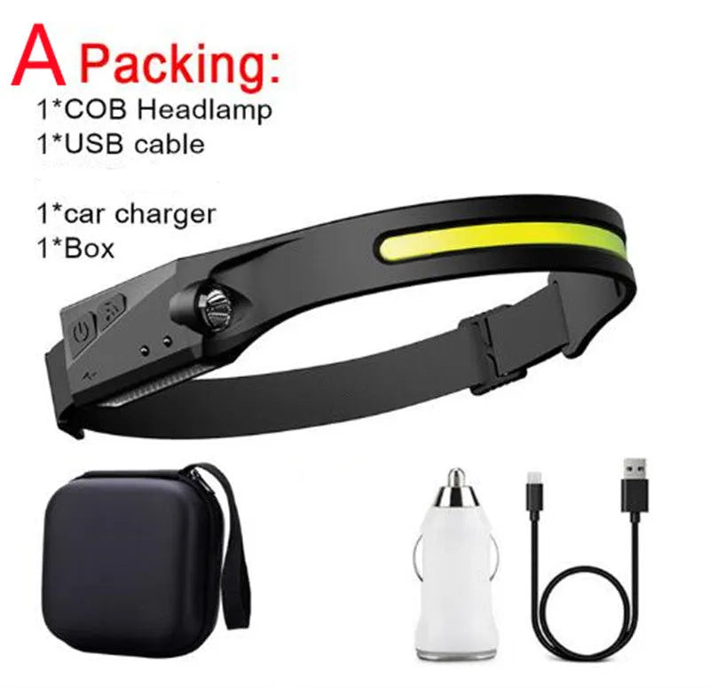 Black USB rechargeable headlamp with a wide COB LED lens and a side wave sensor on the headband.