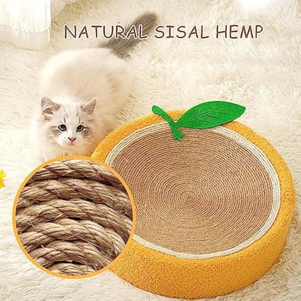 Yellow fruit-themed round sisal cat scratching board and bed for small breeds.