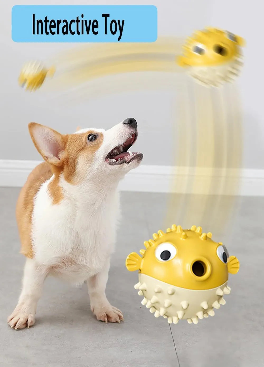 Green fish-shaped interactive dog toy with treat hole and textured surface, shown next to dog treats.