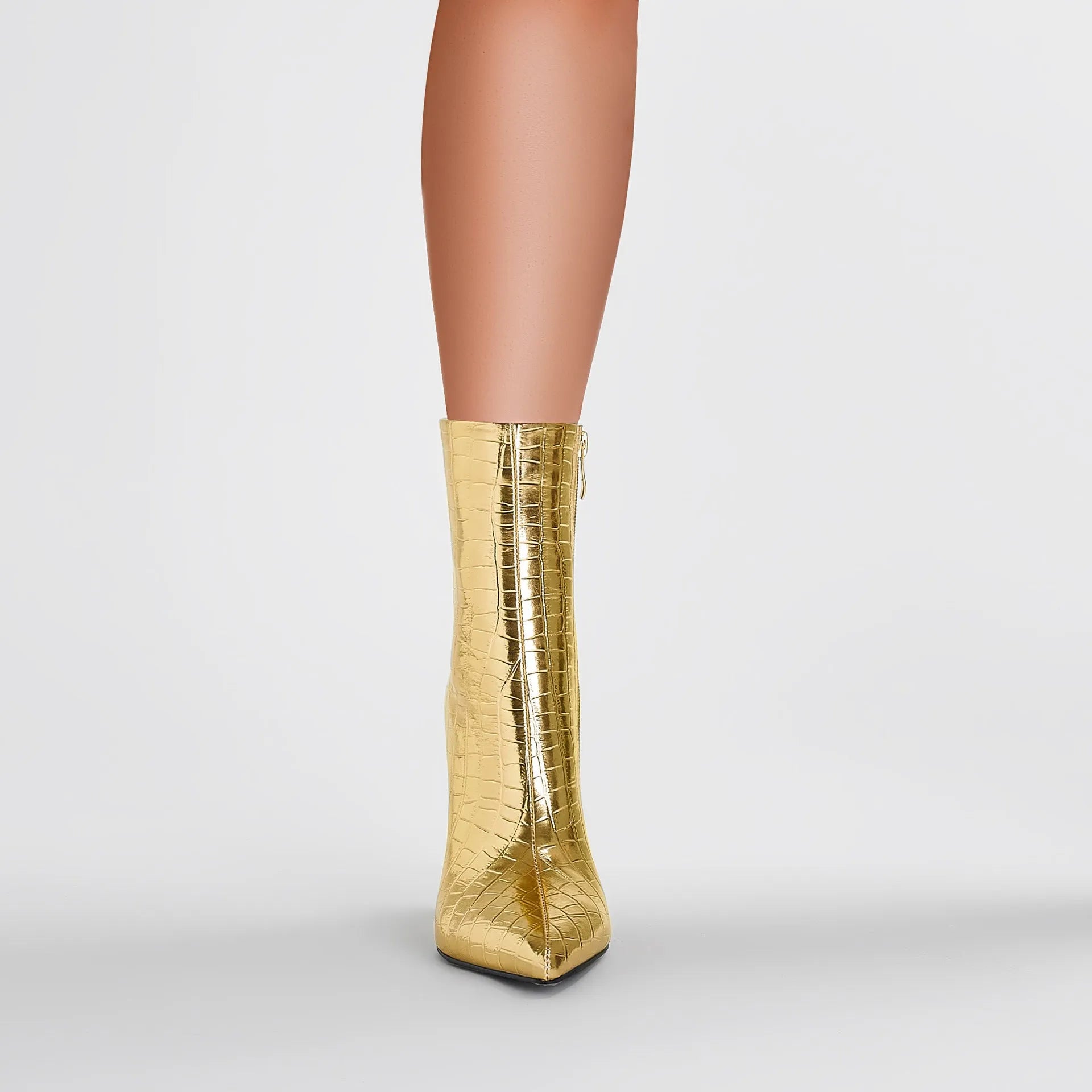 Gold women's pointed tiger tooth heel wedge shoes with side zipper and rubber sole