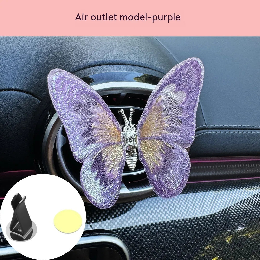 Moving embroidery butterfly fabric car centre console air vent decoration in multiple colour options